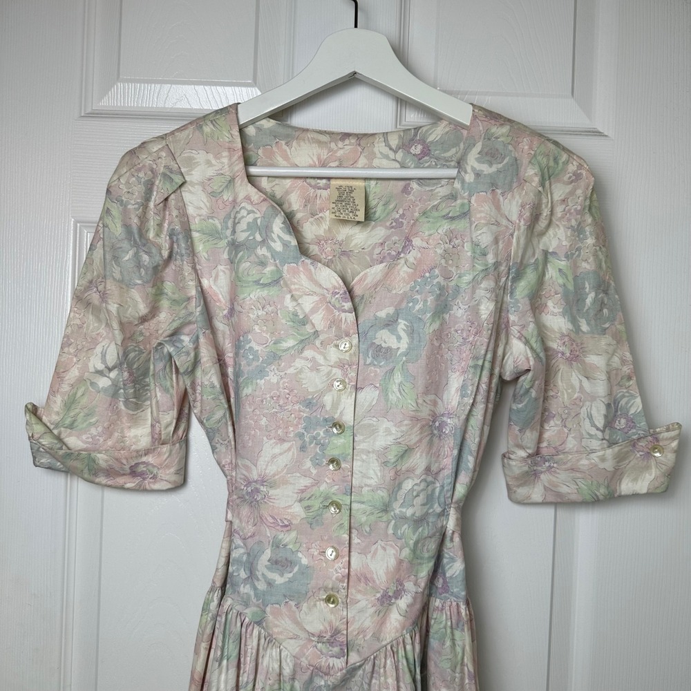 Floral Vintage Prairie Cottagecore Midi Dress Sm Pastel Pink Blue Dropped Waist - Picture 9 of 12